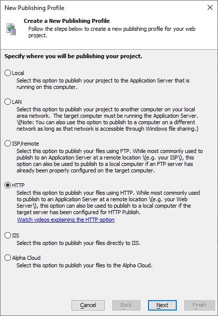 Select "HTTP" to create an HTTP Publish profile.
